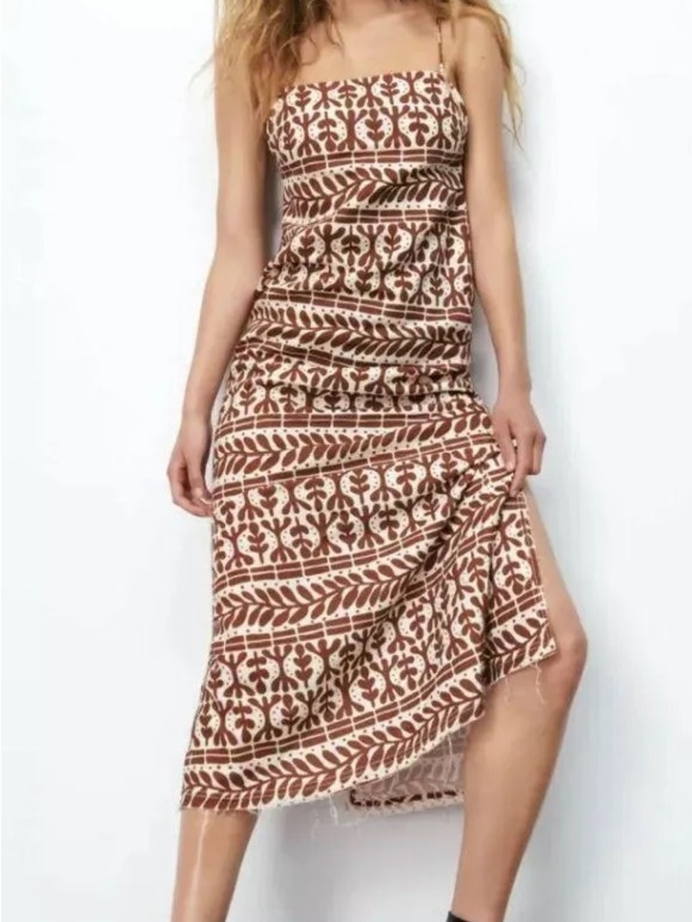 NWT Zara Bohemian Brown & Cream Printed Linen Blend Midi Dress Medium